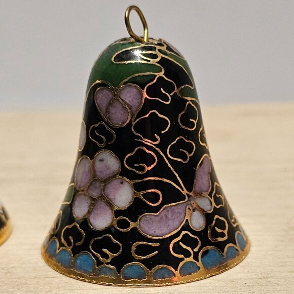 Miniature Cloisonné 1.25 inch Enamel Brass Bells Floral Motif Set of 3 Vintage - Picture 3 of 8